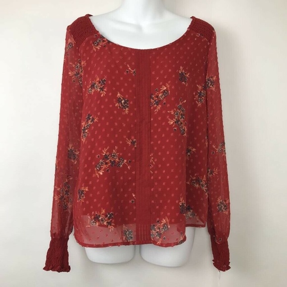 Lauren Conrad Swiss Dot Smocked Blouse Floral XS - Picture 2 of 8